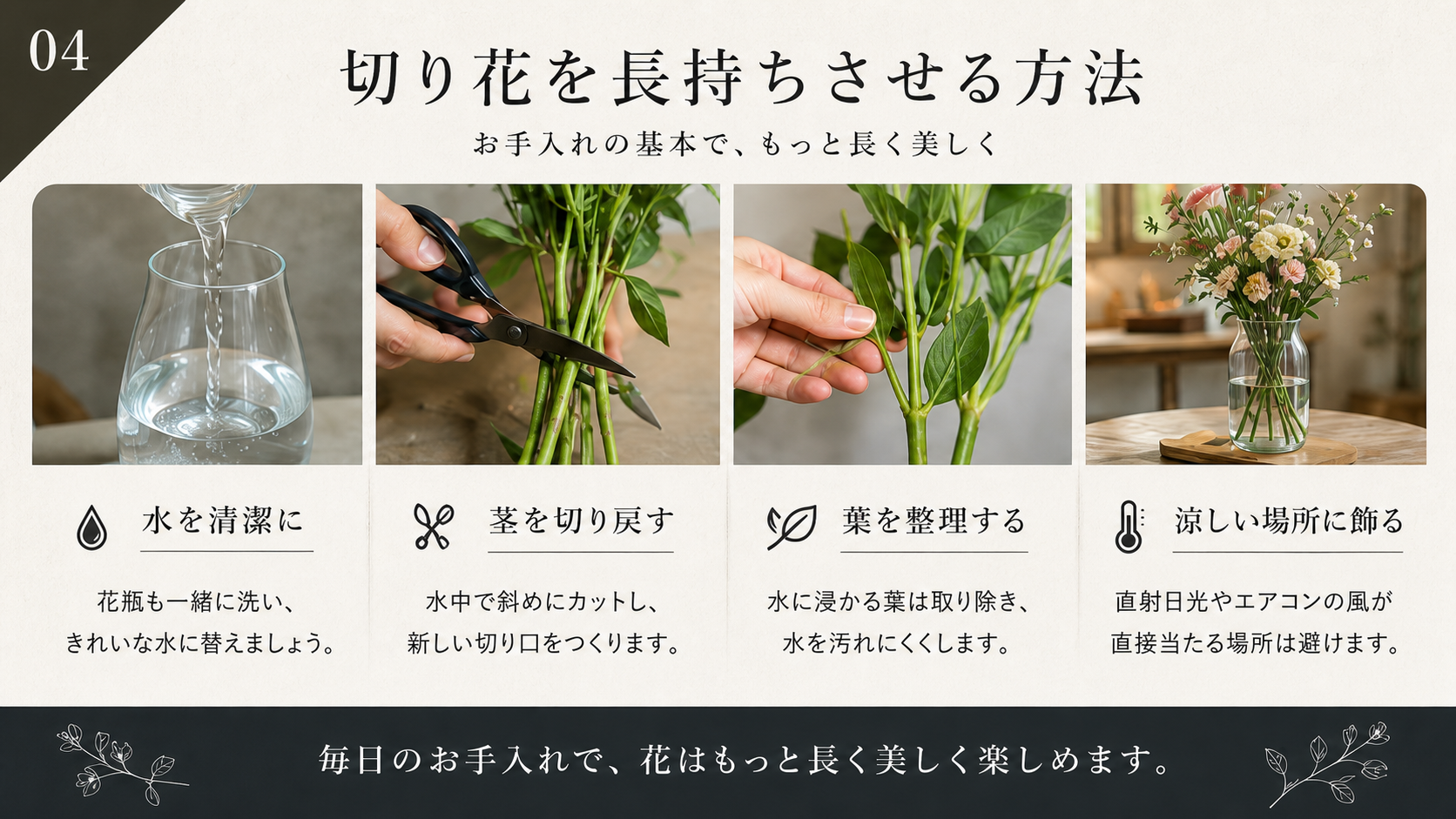 切り花を長持ちさせる水替えと茎の切り戻し方法
