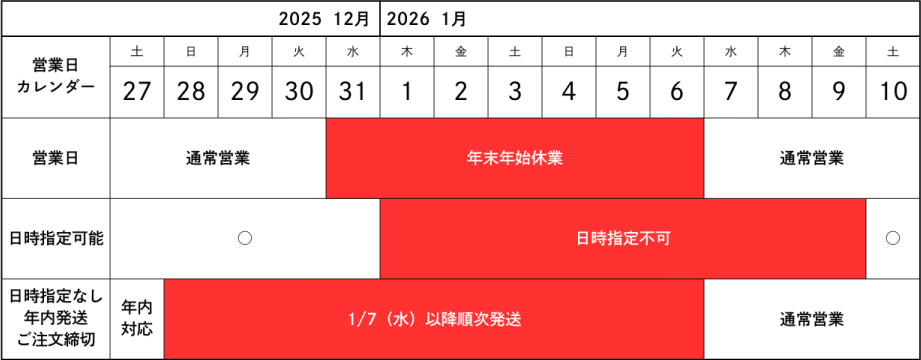 年末年始の営業日カレンダー